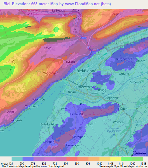 Biel,Switzerland Elevation Map