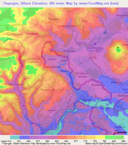 Thayngen, Bibern,Switzerland Elevation Map