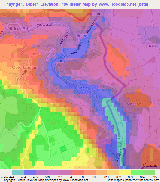 Thayngen, Bibern,Switzerland Elevation Map