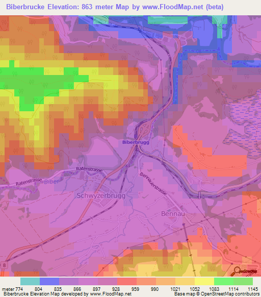 Biberbrucke,Switzerland Elevation Map