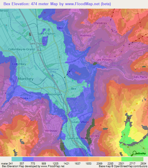 Bex,Switzerland Elevation Map