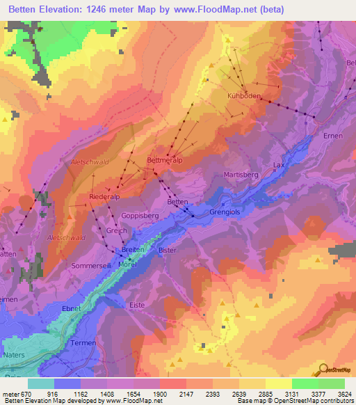 Betten,Switzerland Elevation Map