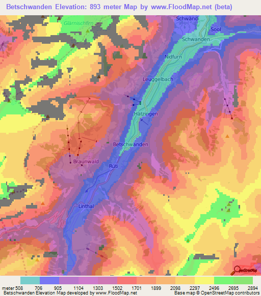 Betschwanden,Switzerland Elevation Map