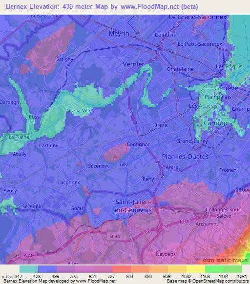 Bernex,Switzerland Elevation Map