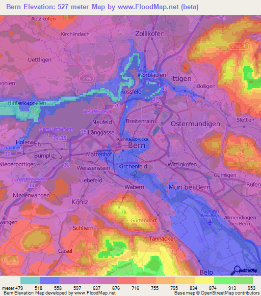 Bern,Switzerland Elevation Map