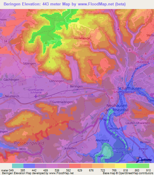 Beringen,Switzerland Elevation Map