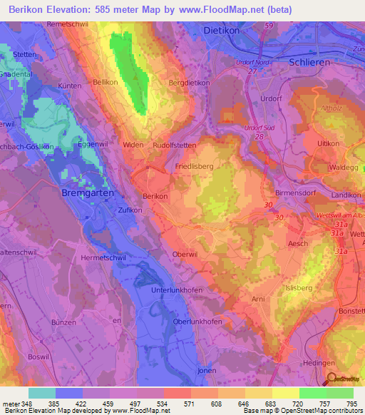 Berikon,Switzerland Elevation Map