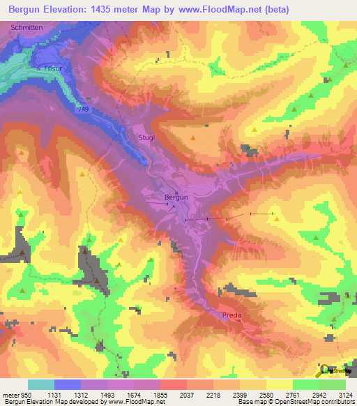 Bergun,Switzerland Elevation Map