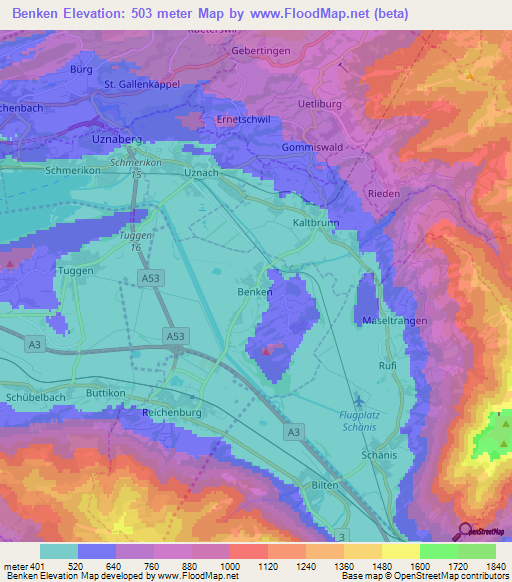 Benken,Switzerland Elevation Map