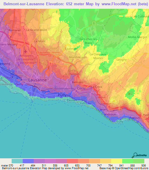 Belmont-sur-Lausanne,Switzerland Elevation Map