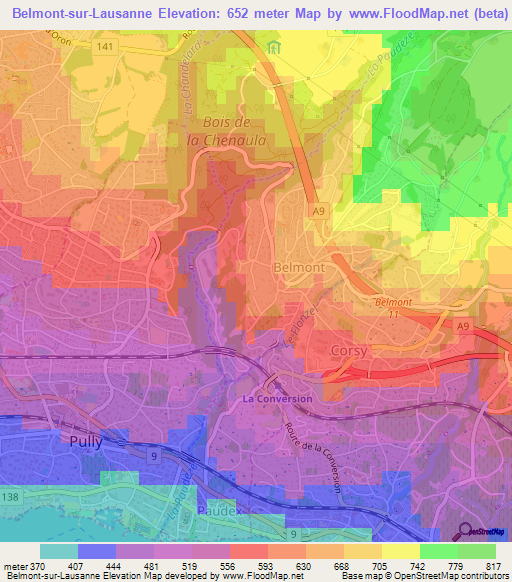 Belmont-sur-Lausanne,Switzerland Elevation Map