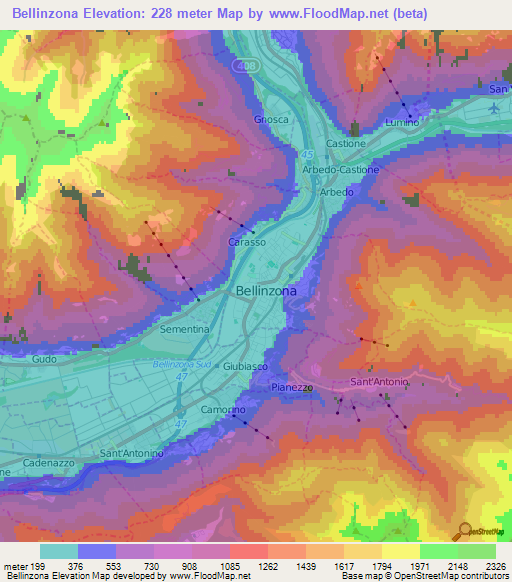 Bellinzona,Switzerland Elevation Map