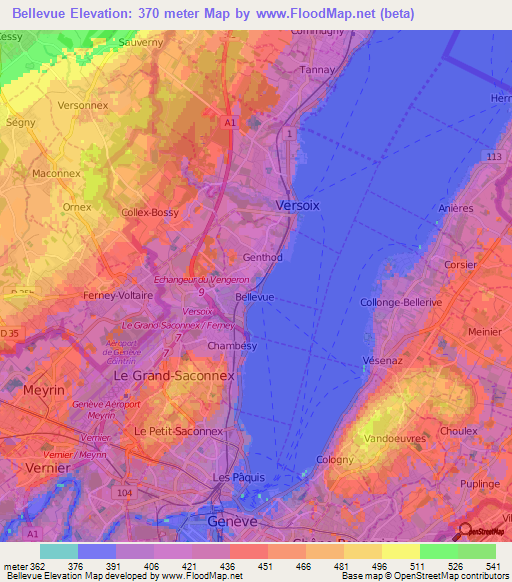 Bellevue,Switzerland Elevation Map