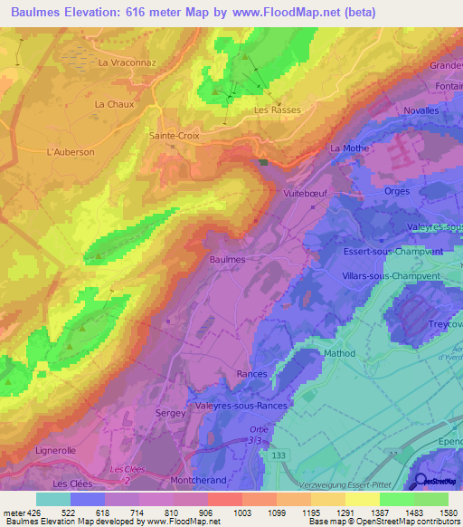 Baulmes,Switzerland Elevation Map