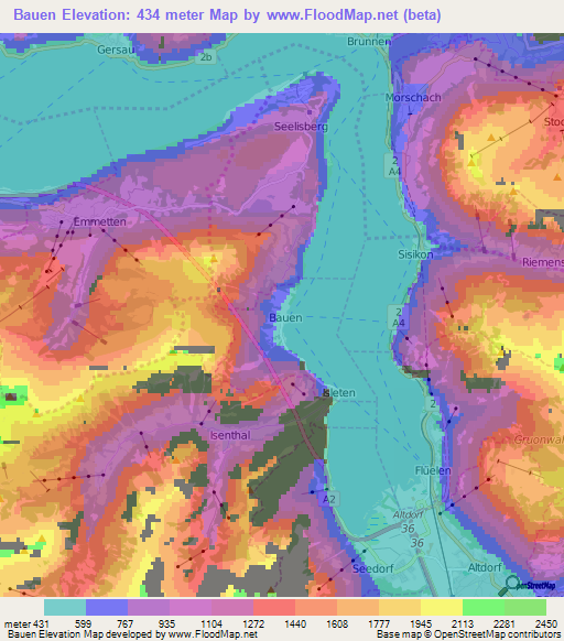 Bauen,Switzerland Elevation Map