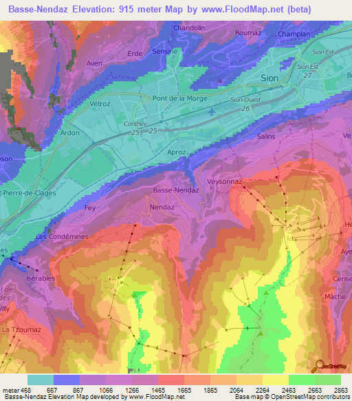 Basse-Nendaz,Switzerland Elevation Map