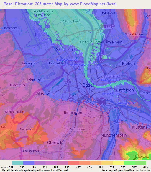 Basel,Switzerland Elevation Map