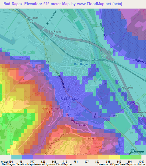 Bad Ragaz,Switzerland Elevation Map