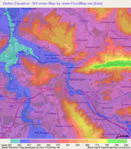 Baden,Switzerland Elevation Map