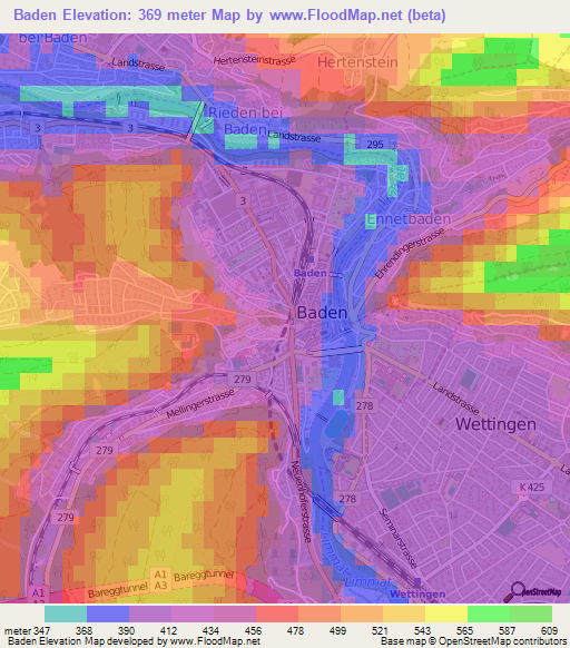 Baden,Switzerland Elevation Map