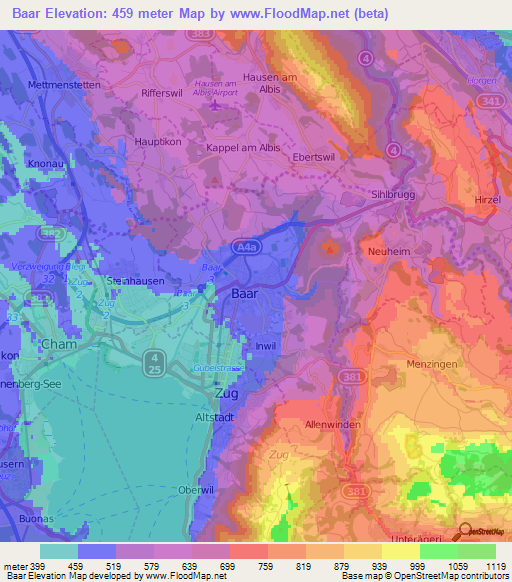 Baar,Switzerland Elevation Map