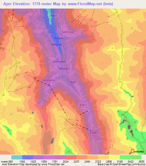 Ayer,Switzerland Elevation Map