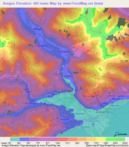 Avegno,Switzerland Elevation Map