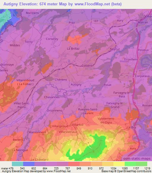 Autigny,Switzerland Elevation Map