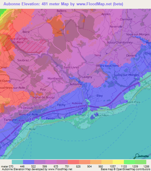 Aubonne,Switzerland Elevation Map