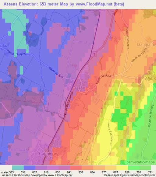 Assens,Switzerland Elevation Map