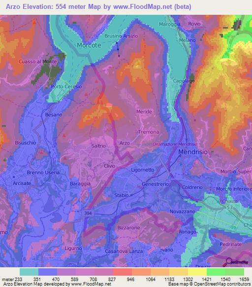 Arzo,Switzerland Elevation Map