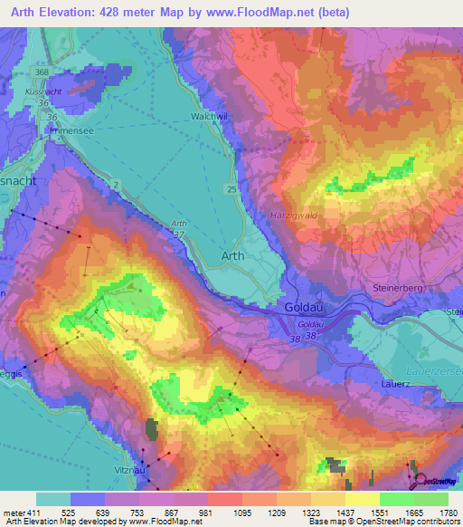 Arth,Switzerland Elevation Map