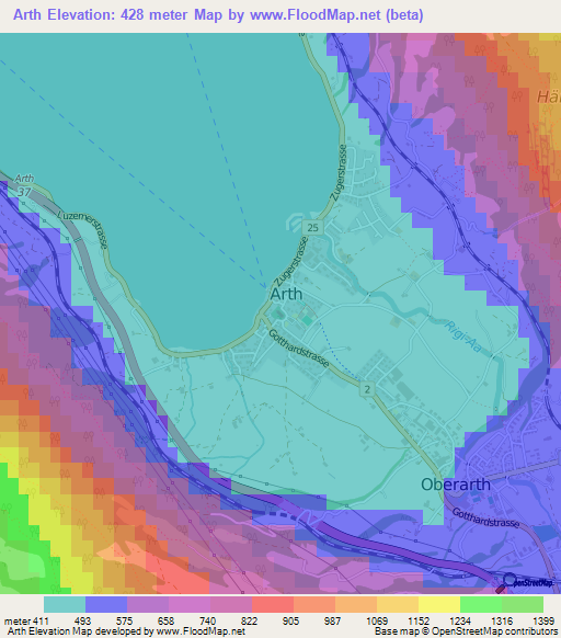 Arth,Switzerland Elevation Map