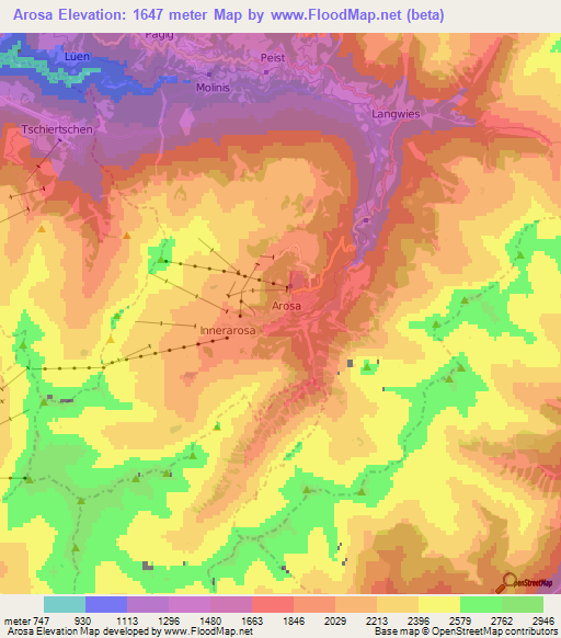 Arosa,Switzerland Elevation Map