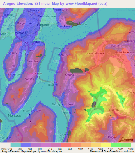 Arogno,Switzerland Elevation Map