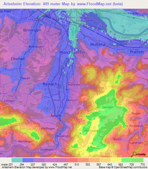 Arlesheim,Switzerland Elevation Map