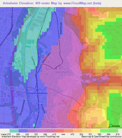 Arlesheim,Switzerland Elevation Map