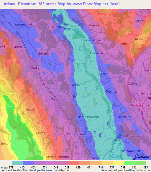 Aristau,Switzerland Elevation Map