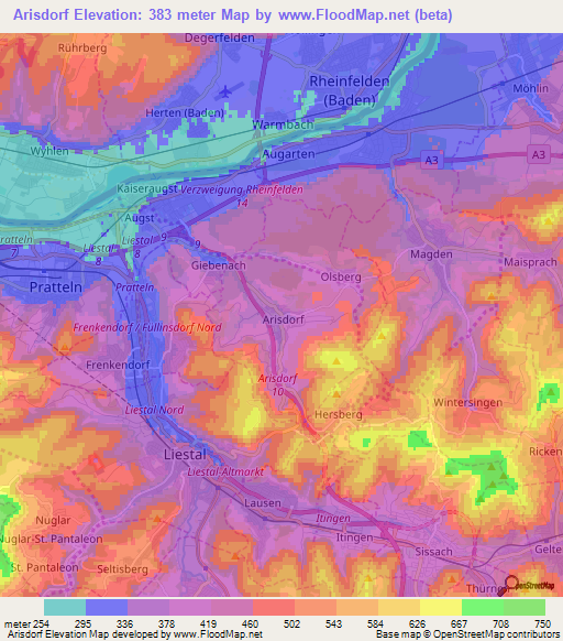 Arisdorf,Switzerland Elevation Map