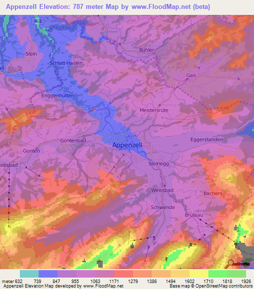 Appenzell,Switzerland Elevation Map