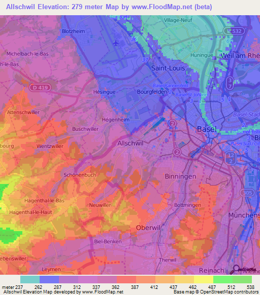 Allschwil,Switzerland Elevation Map