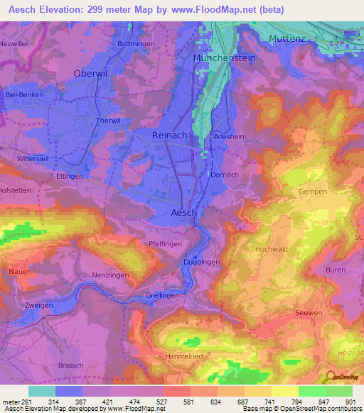 Aesch,Switzerland Elevation Map