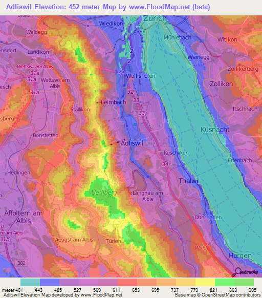 Adliswil,Switzerland Elevation Map