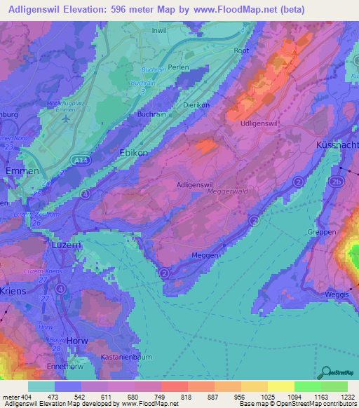 Adligenswil,Switzerland Elevation Map