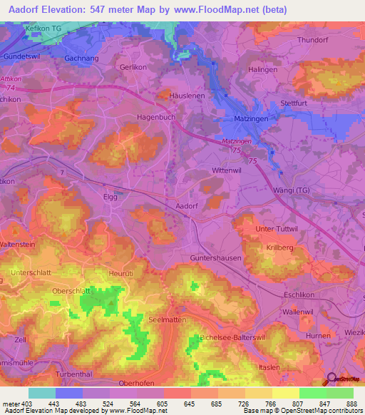 Aadorf,Switzerland Elevation Map