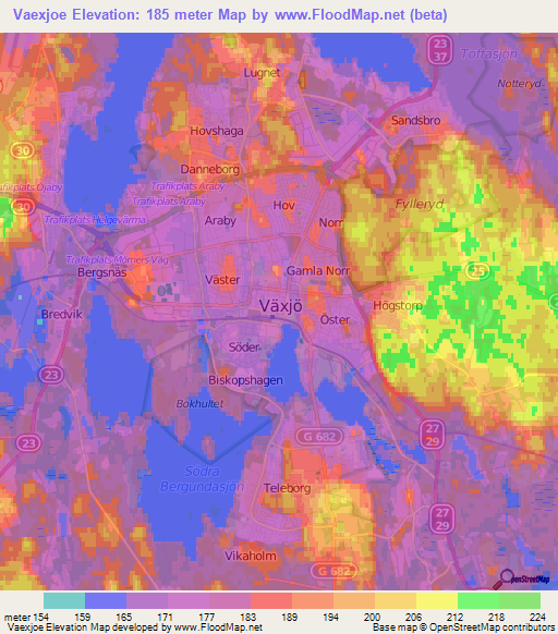 Vaexjoe,Sweden Elevation Map