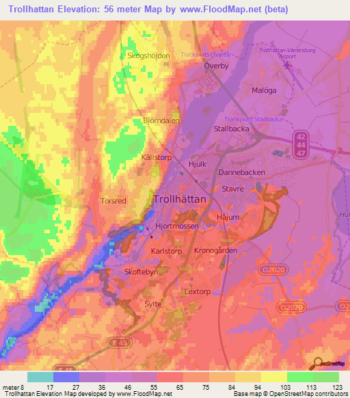 Trollhattan,Sweden Elevation Map