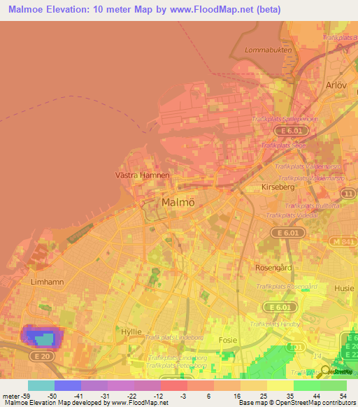 Malmoe,Sweden Elevation Map