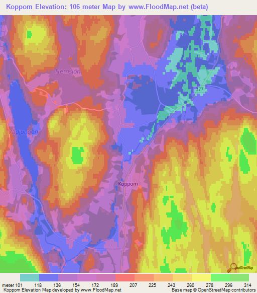 Koppom,Sweden Elevation Map