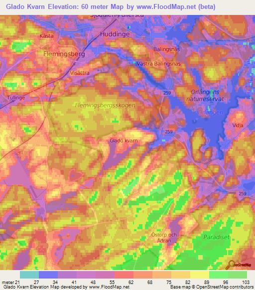 Glado Kvarn,Sweden Elevation Map